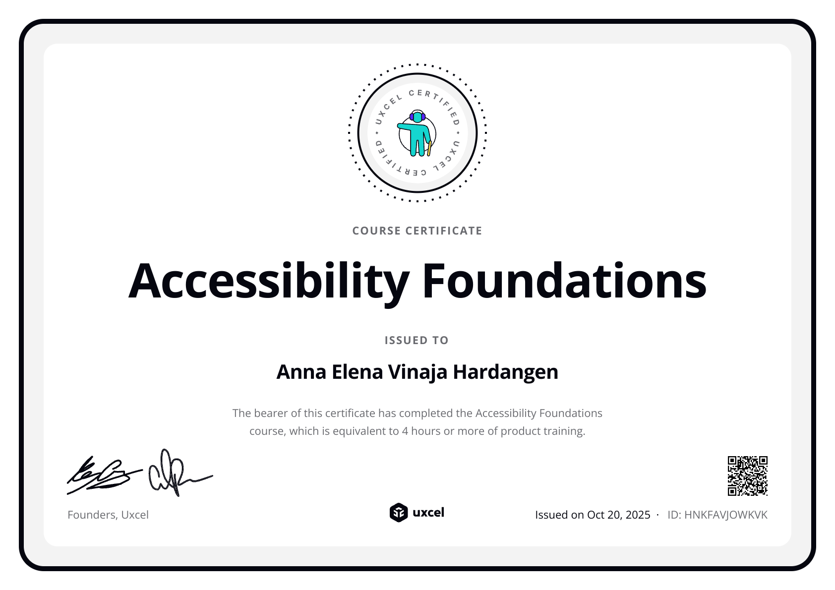 Anna Elena Vinaja Hardangen's certificate